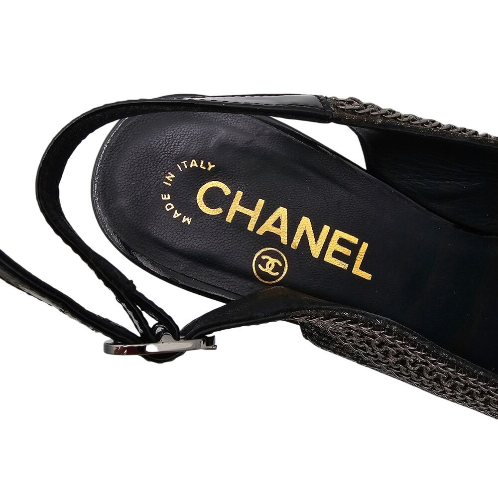 Chanel CC Slingback Chain Heel Pump Black Patent Vintage Gold Size 38.5 US 7.5 8 - Picture 10 of 15